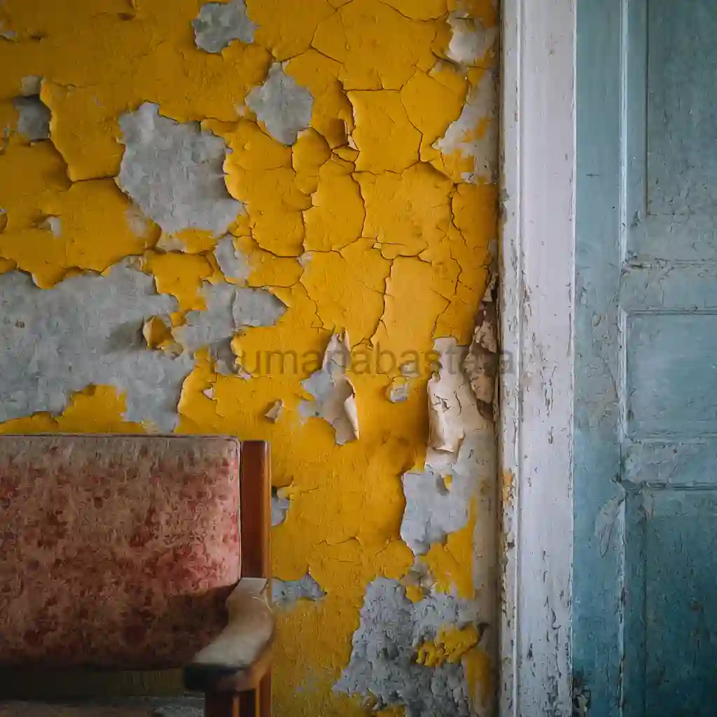 Dinding rumah dengan cat rumah kuning mengelupas dan retak, menandakan perlunya perbaikan cat rumah segera