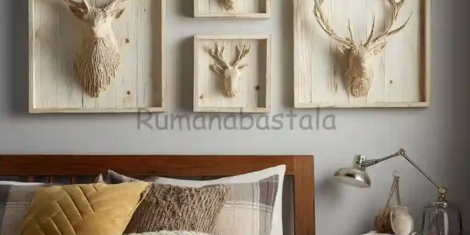 Empat dekorasi dinding kepala rusa artistik di atas tempat tidur bernuansa hangat dan earthy modern.