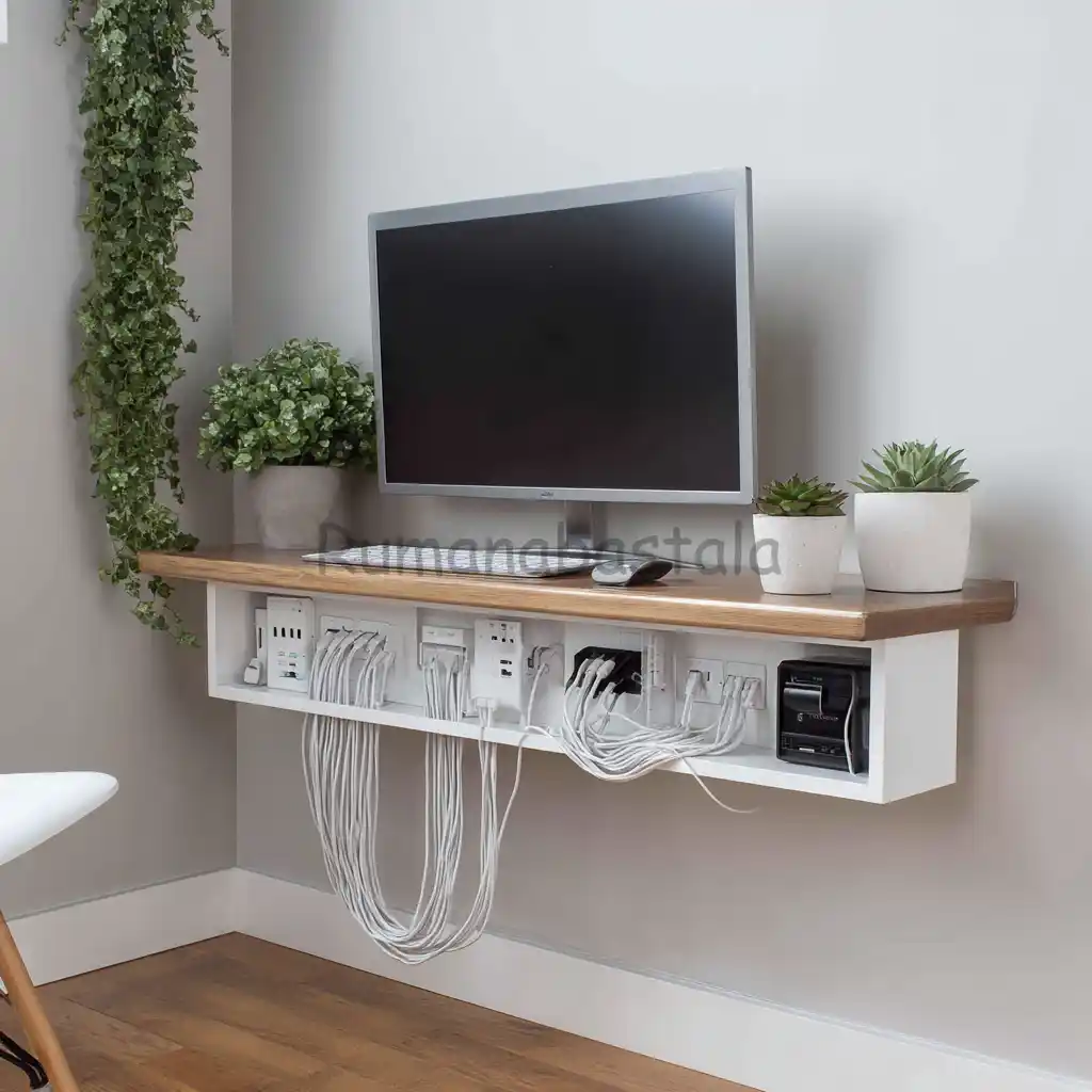 Kotak cable management tertata rapi di bawah meja, menyembunyikan kabel dan colokan supaya rumah tetap rapi