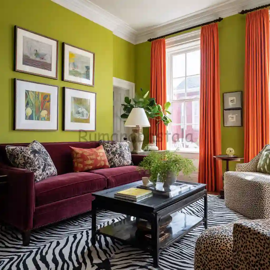 Ruang keluarga dengan dinding warna hijau neon terang, sofa warna merah marun, karpet pola zebra hitam-putih, plus gorden oranye terang