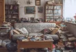 Ruang tamu berantakan dengan sofa menghadap tembok, kursi berlengan besar menutupi jendela