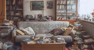 Ruang tamu berantakan dengan sofa menghadap tembok, kursi berlengan besar menutupi jendela
