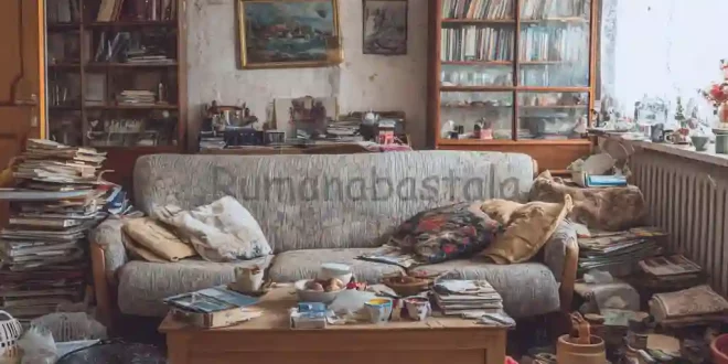Ruang tamu berantakan dengan sofa menghadap tembok, kursi berlengan besar menutupi jendela