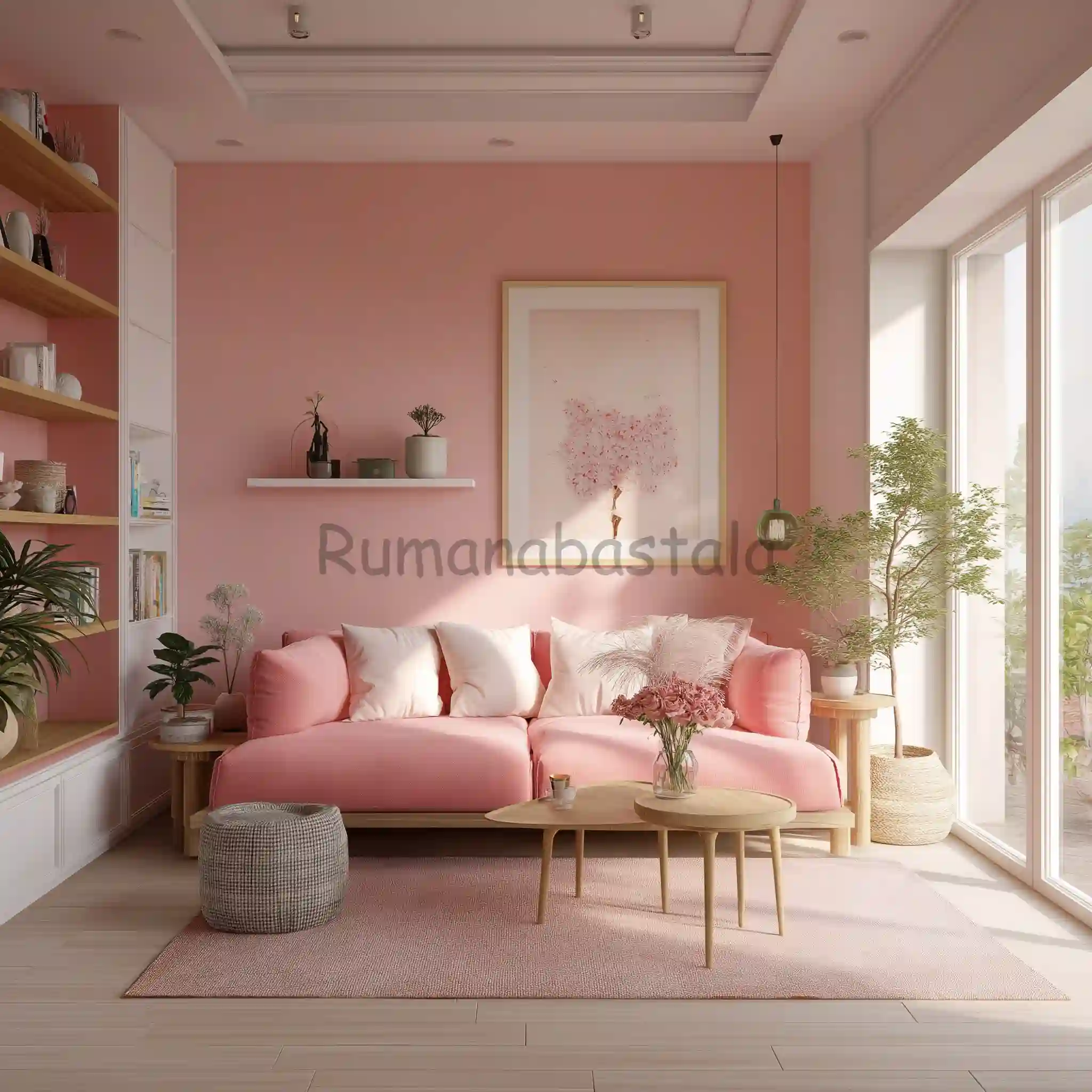 Ruang tamu berdinding kaca luas menghadap alam terbuka, menampilkan harmoni desain dan warna cat rumah
