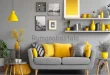 Ruang tamu bergaya modern dengan rumah aksen warna cerah kuning yang menyegarkan dan elegan