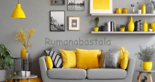 Ruang tamu bergaya modern dengan rumah aksen warna cerah kuning yang menyegarkan dan elegan