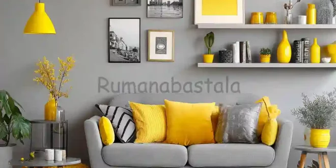 Ruang tamu bergaya modern dengan rumah aksen warna cerah kuning yang menyegarkan dan elegan