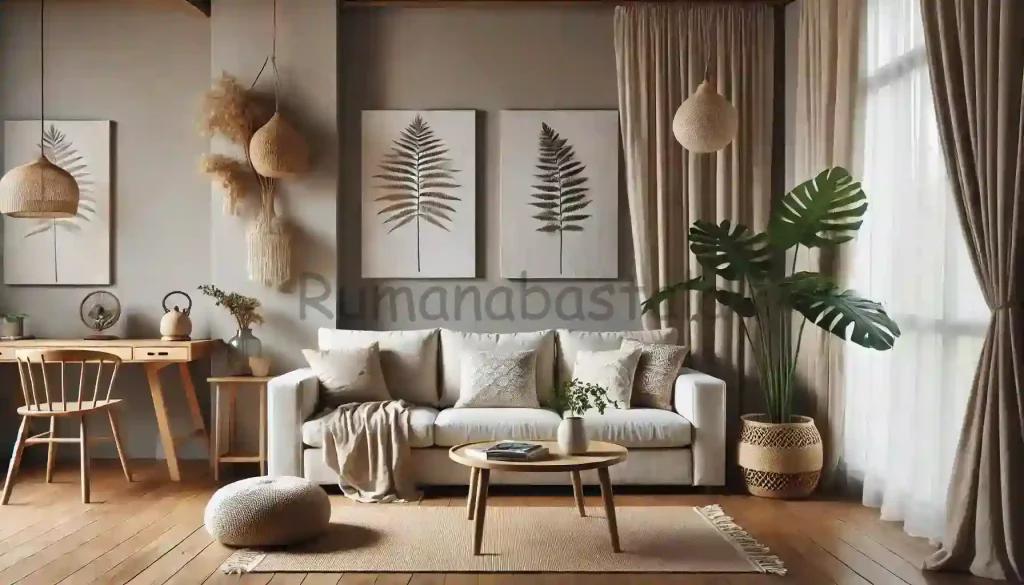 Ruang tamu minimalis bergaya alami dengan desain_terbuka dan pencahayaan alamr