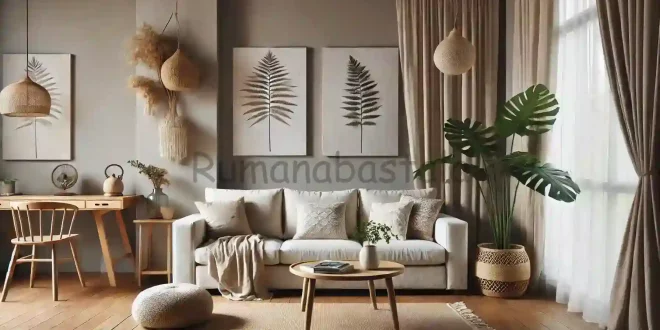 Ruang tamu minimalis bergaya alami dengan desain_terbuka dan pencahayaan alamr