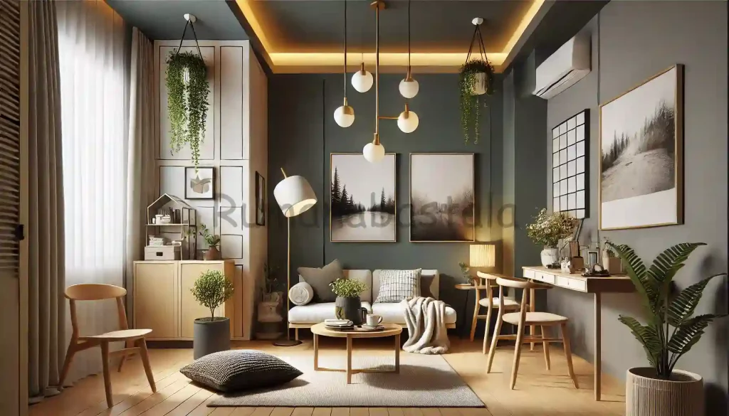 Ruang tamu minimalis dengan palet warna netral