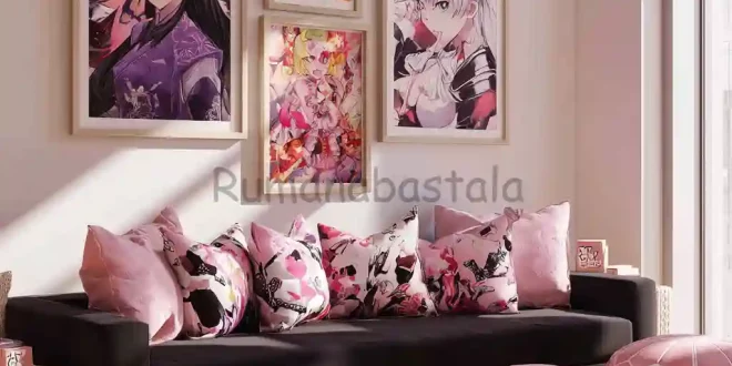 Ruang tamu rumah bertema anime dengan sofa hitam, bantal pink, dan pajangan karakter anime di dinding.