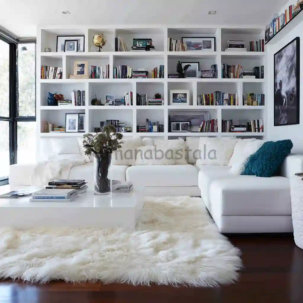 Sebuah ruang tamu super stylish ala majalah dengan sofa putih bersih dan karpet bulu yang indah