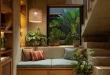 Sudut di bawah tangga dimanfaatkan jadi tempat duduk cozy dengan dekorasi tanaman dan pencahayaan hangat.