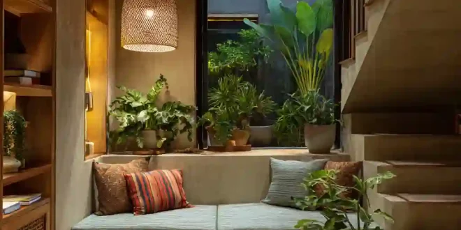 Sudut di bawah tangga dimanfaatkan jadi tempat duduk cozy dengan dekorasi tanaman dan pencahayaan hangat.